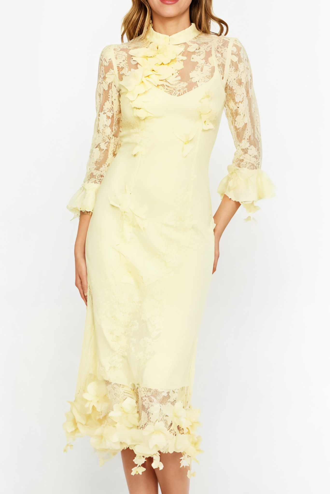 Lipsy Long Sleeves Lace Midi Dress (Yellow)