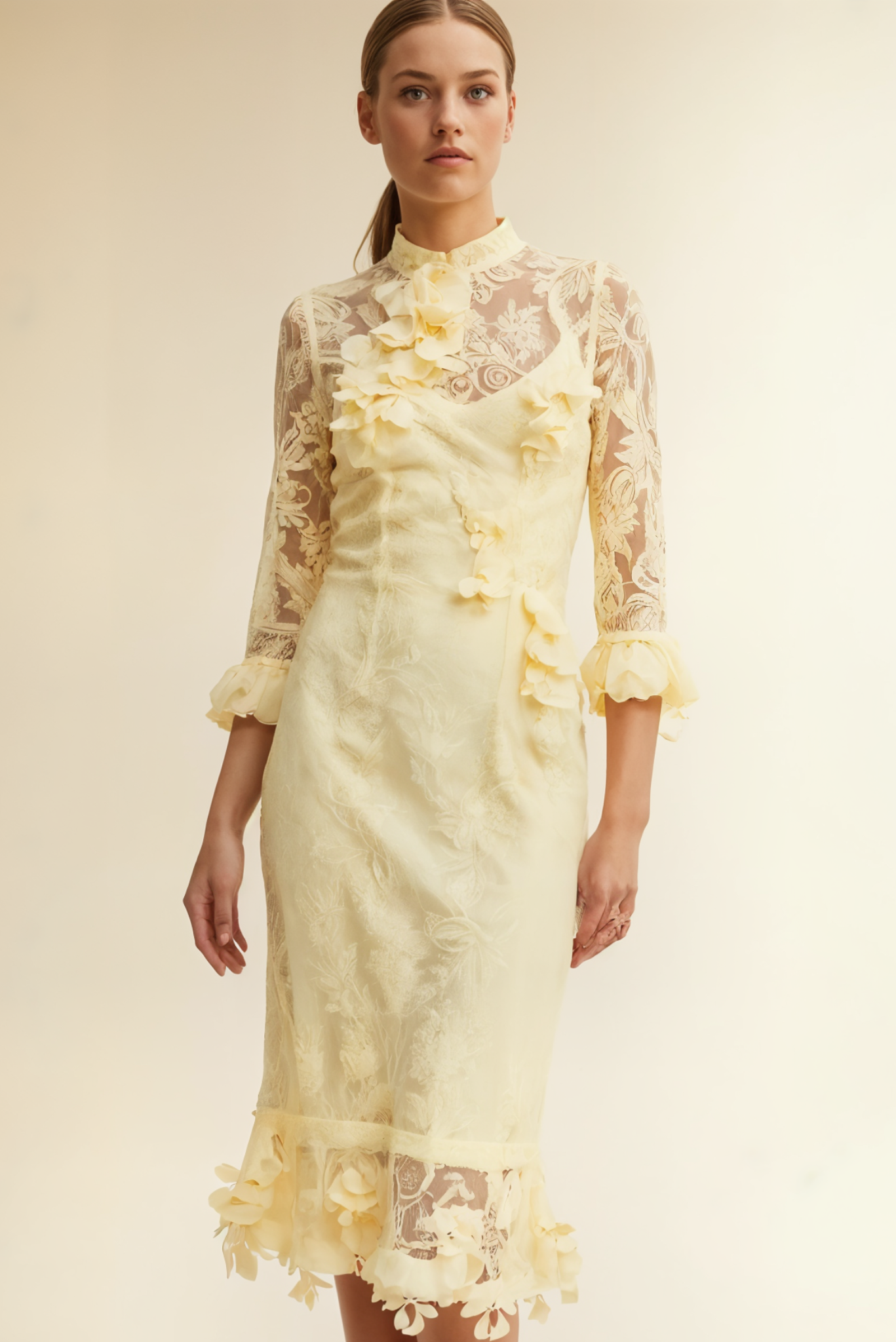 Lipsy Long Sleeves Lace Midi Dress (Yellow)