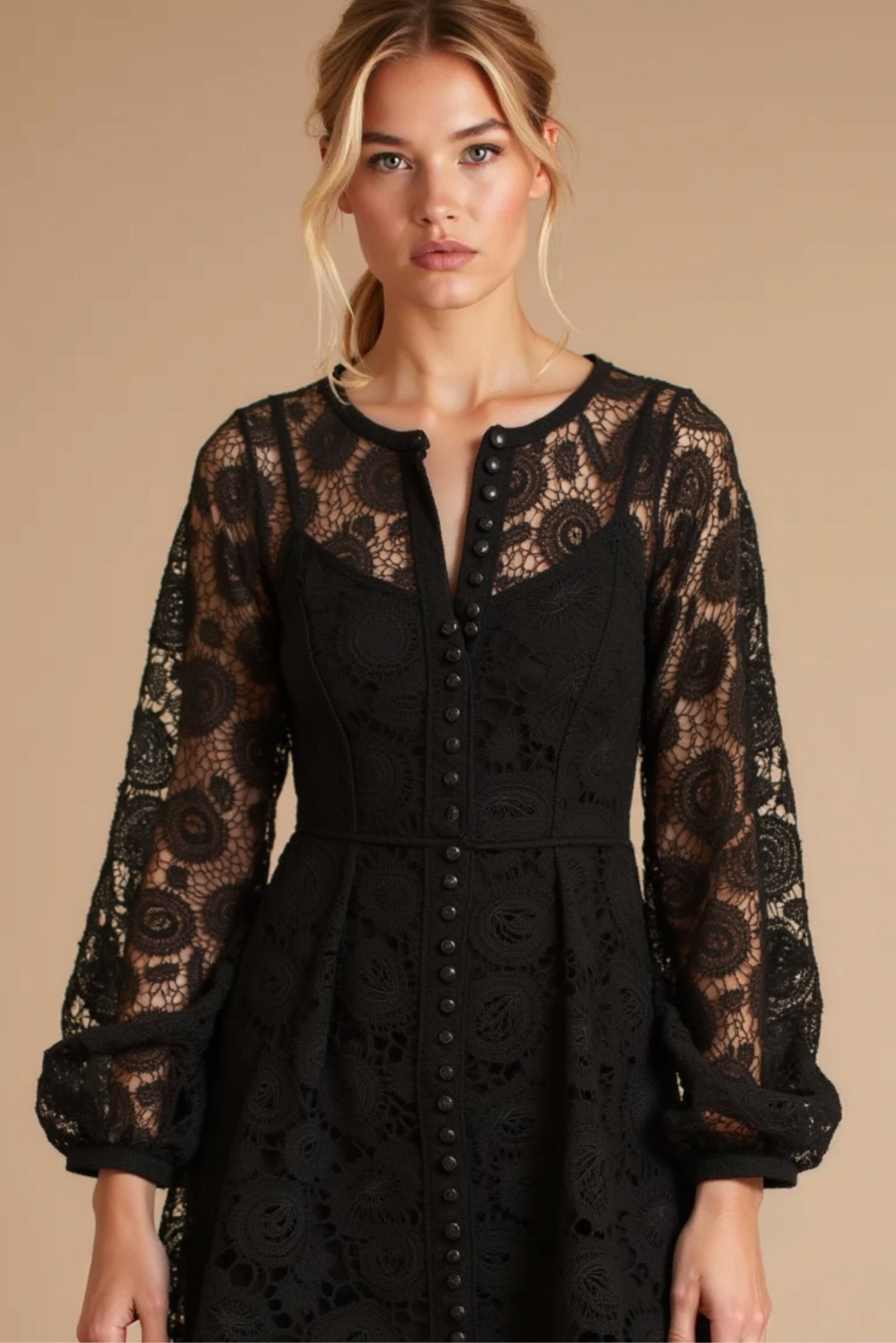 Liane Long Sleeve Mini Lace Dress (Black)