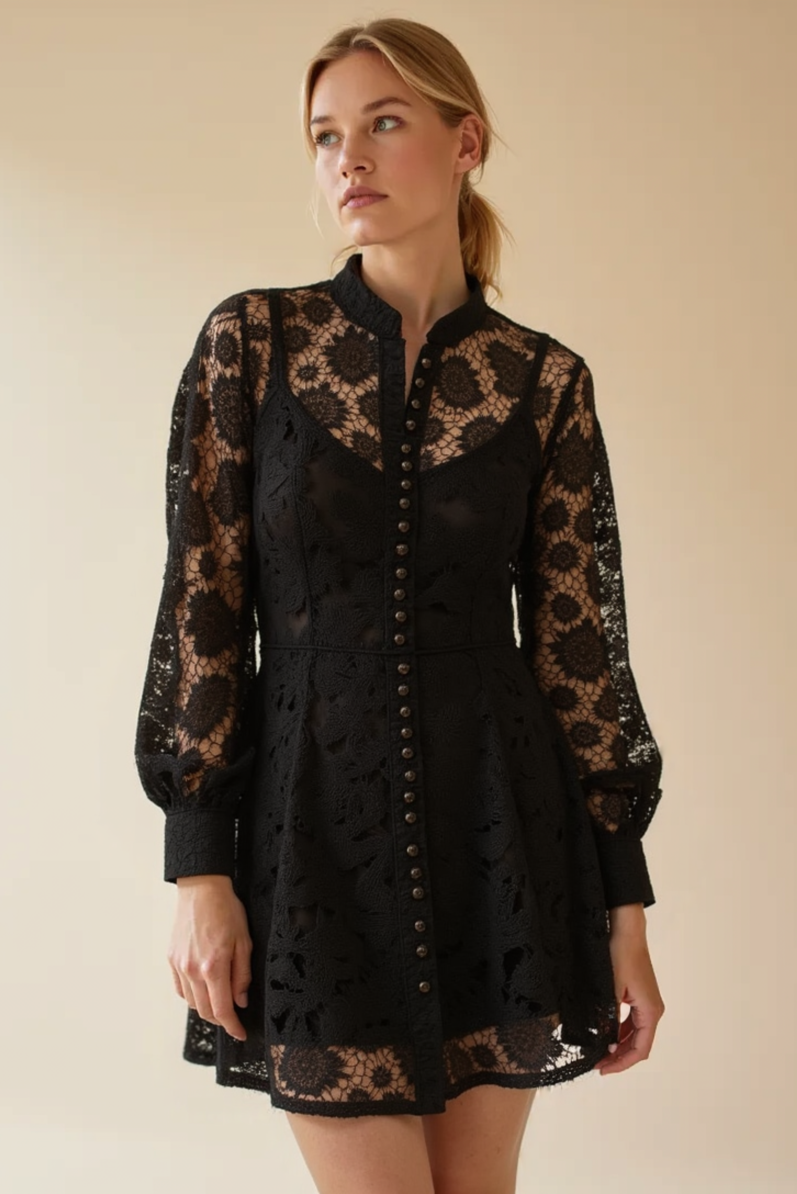 Liane Long Sleeve Mini Lace Dress (Black)