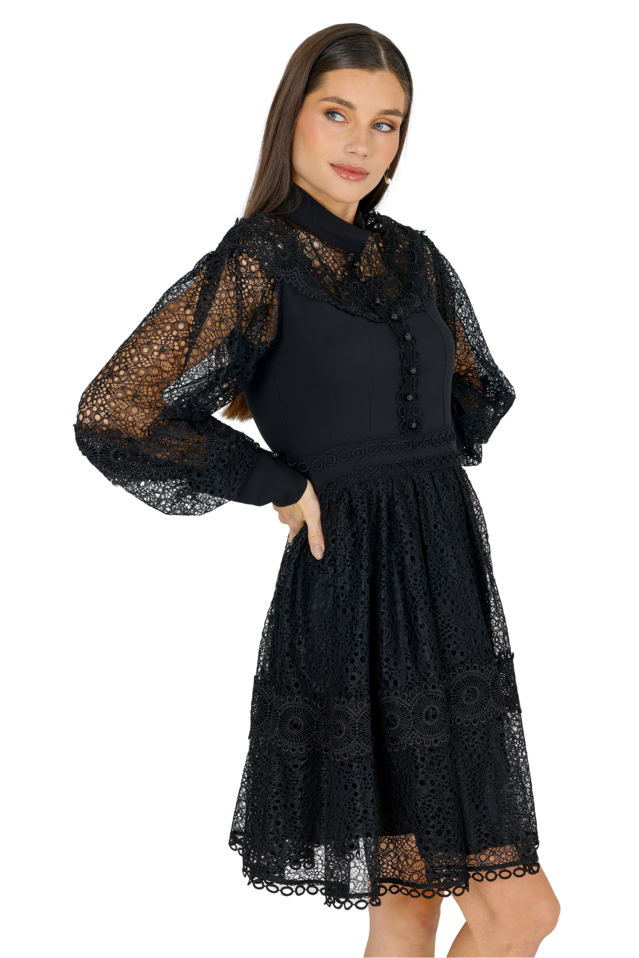 Melvina Lace Mini Dress Long Sleeve,Akalia,www.akaliaofficial.com