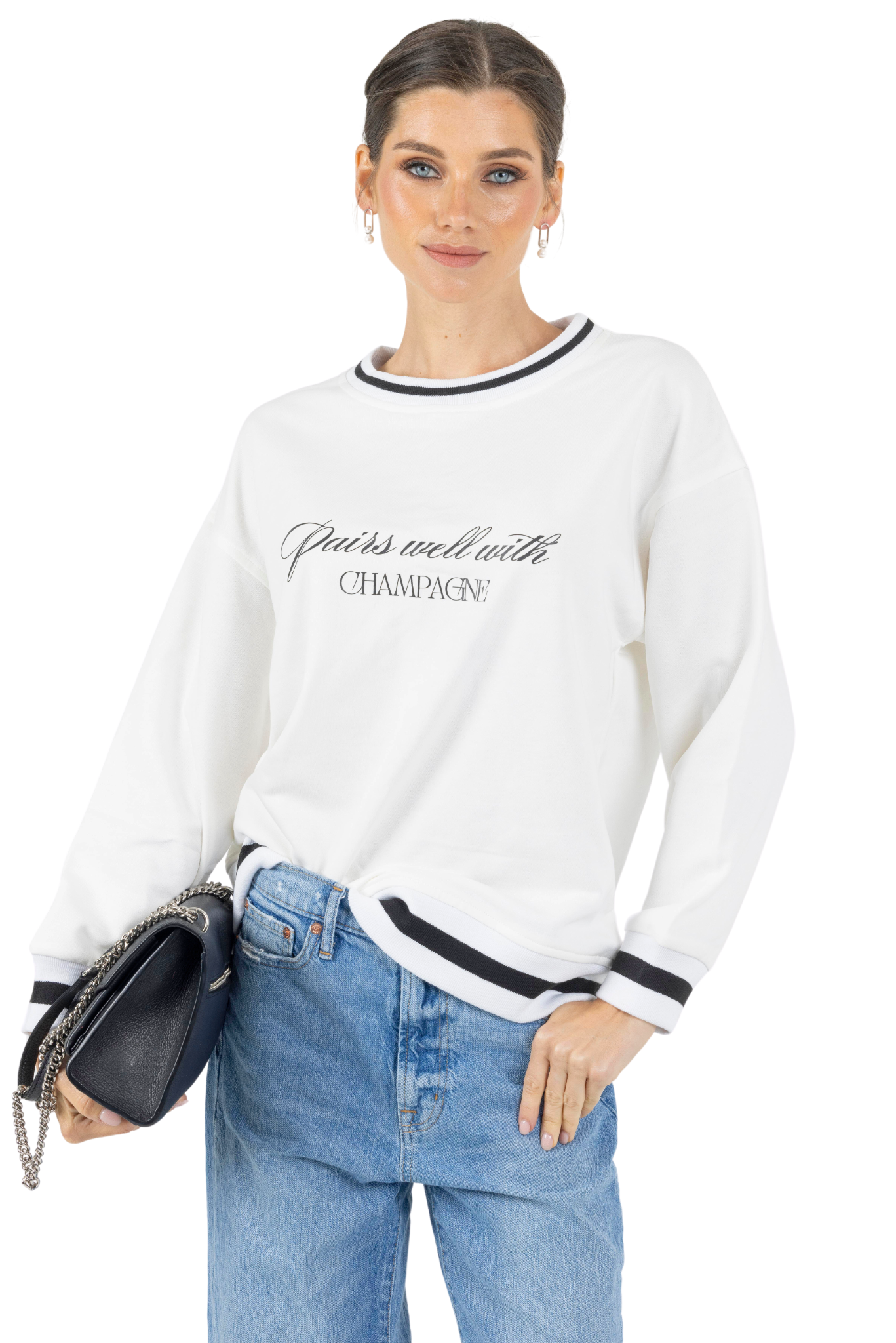 Bella Printed Round Neck Pullover Sweatshirt White