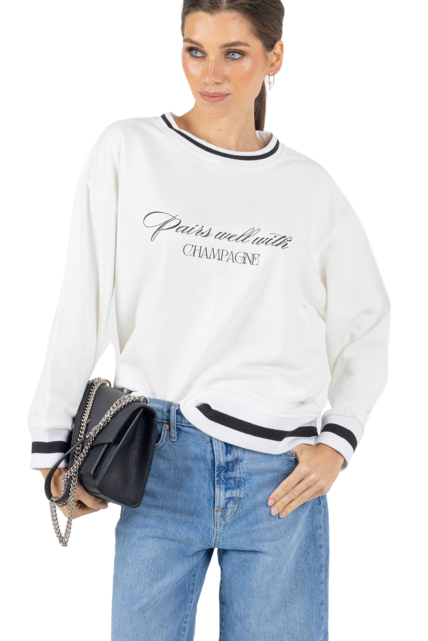 Bella Printed Round Neck Pullover Sweatshirt White