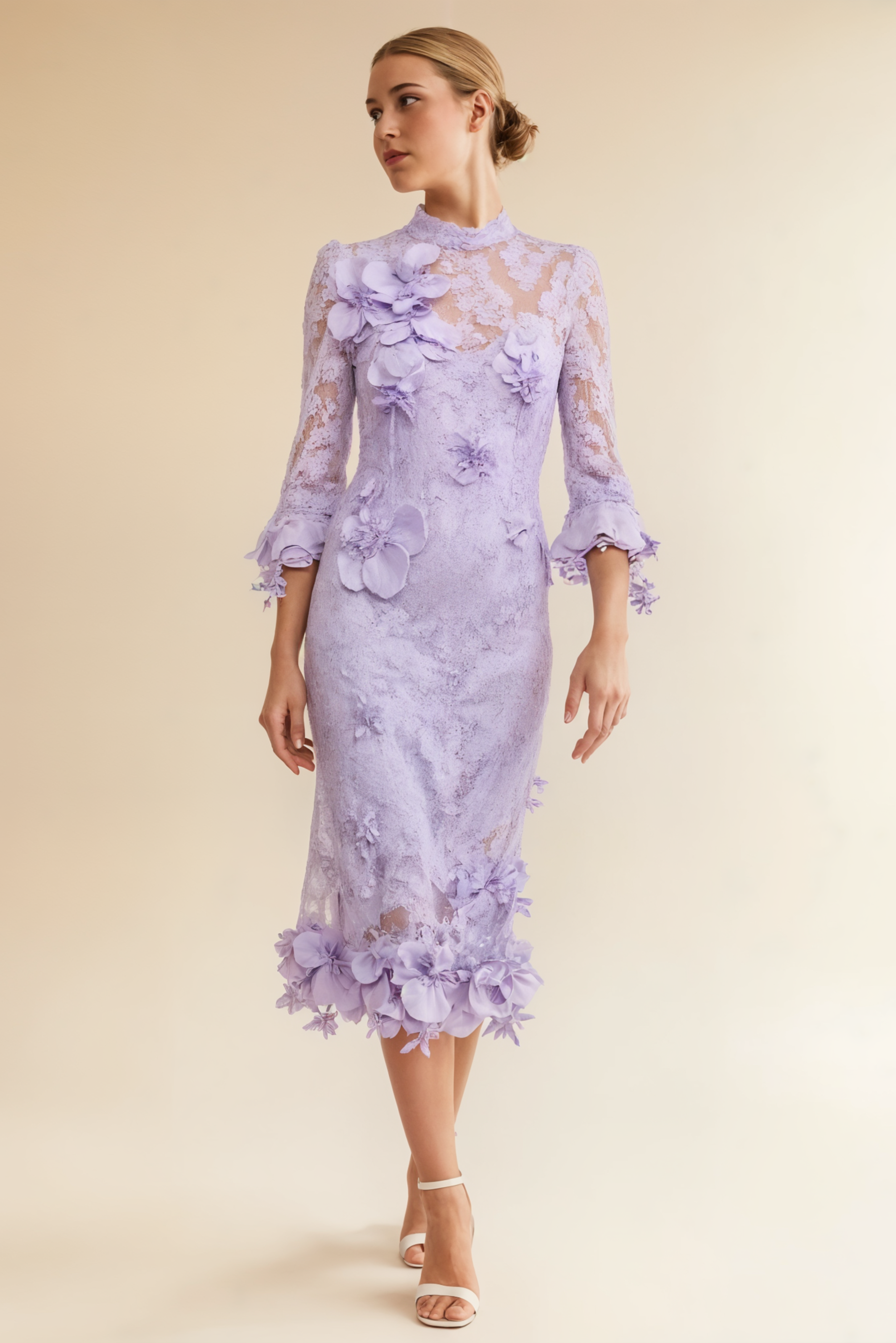 Lipsy Long Sleeves Lace Midi Dress (Purple)