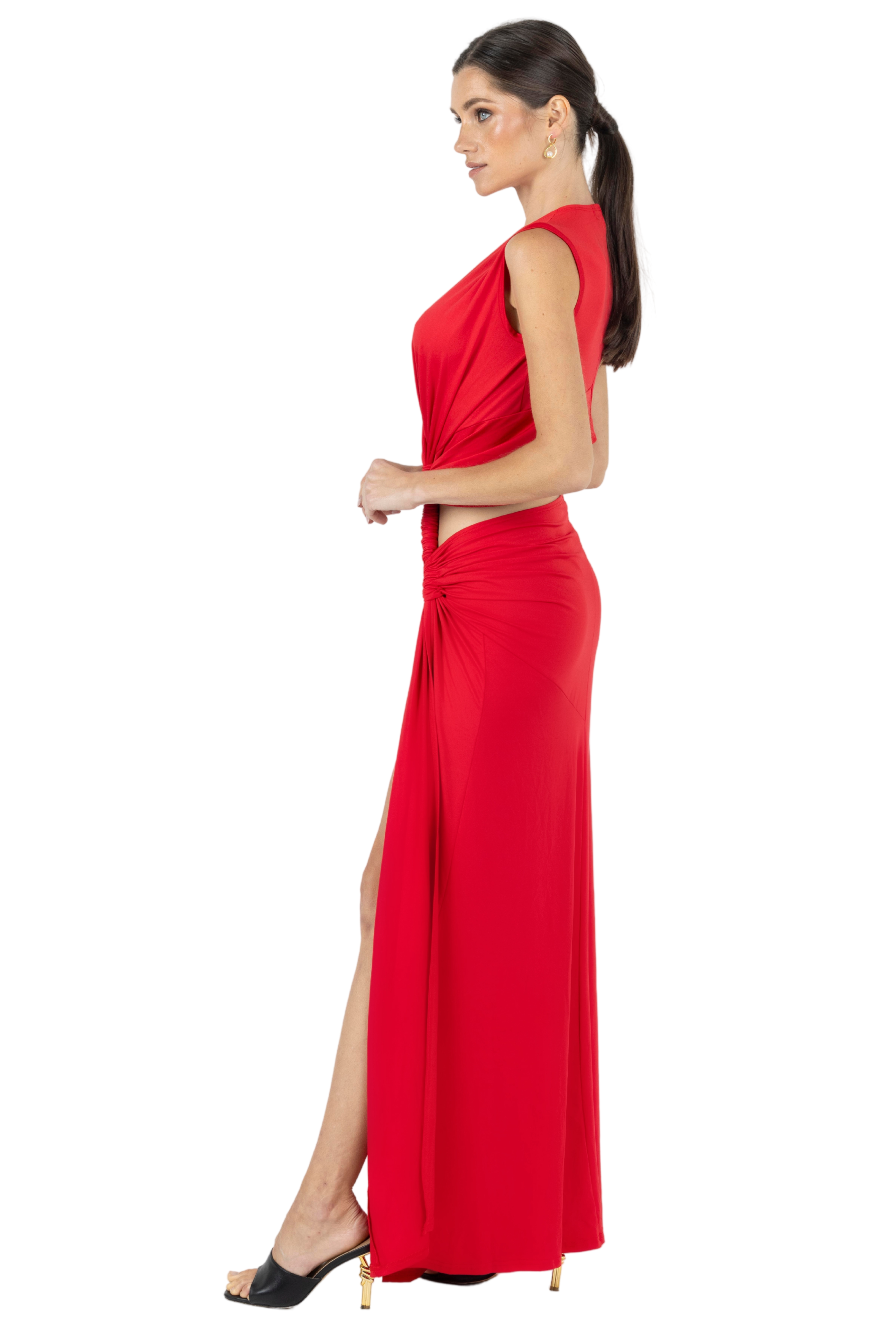 Hazel V Neck Thigh Slit Maxi Dress In Red