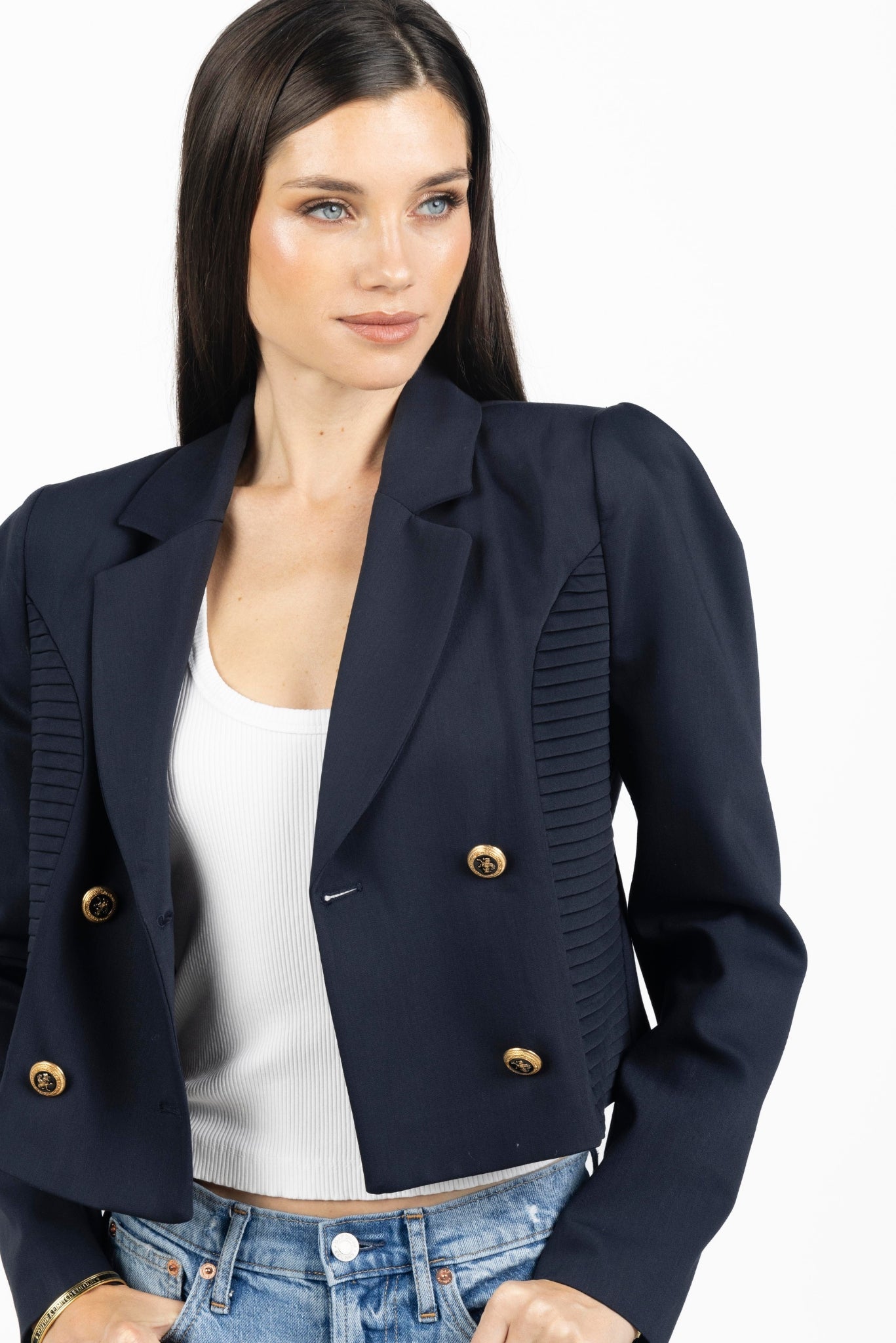 Diana Cropped Women Blazer In Navy Blue - Akalia