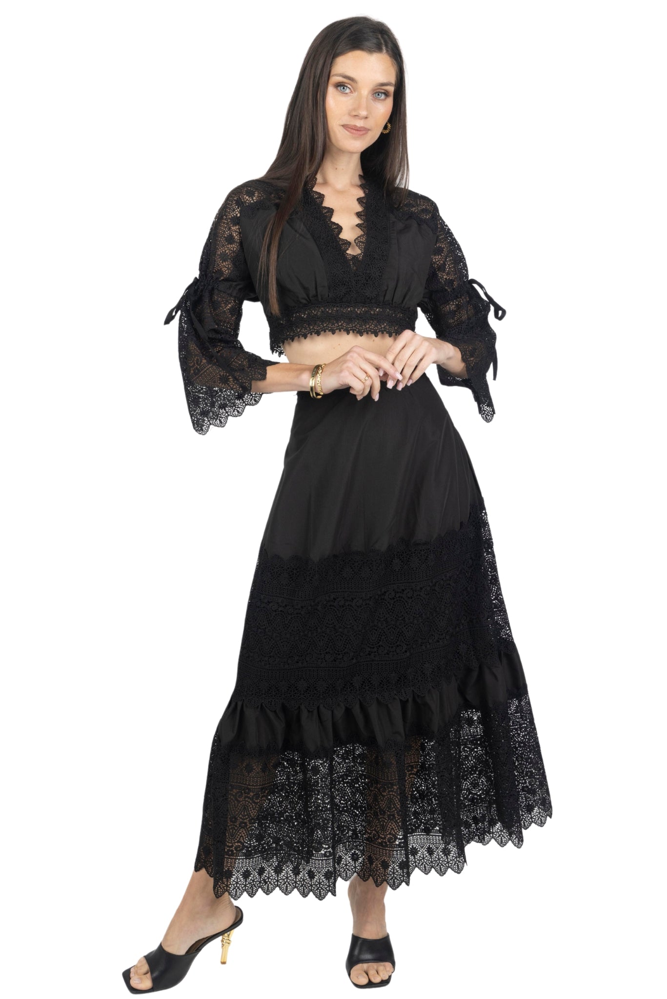 Emily Guipure Lace Top & Maxi Skirt Set In Black - Akalia