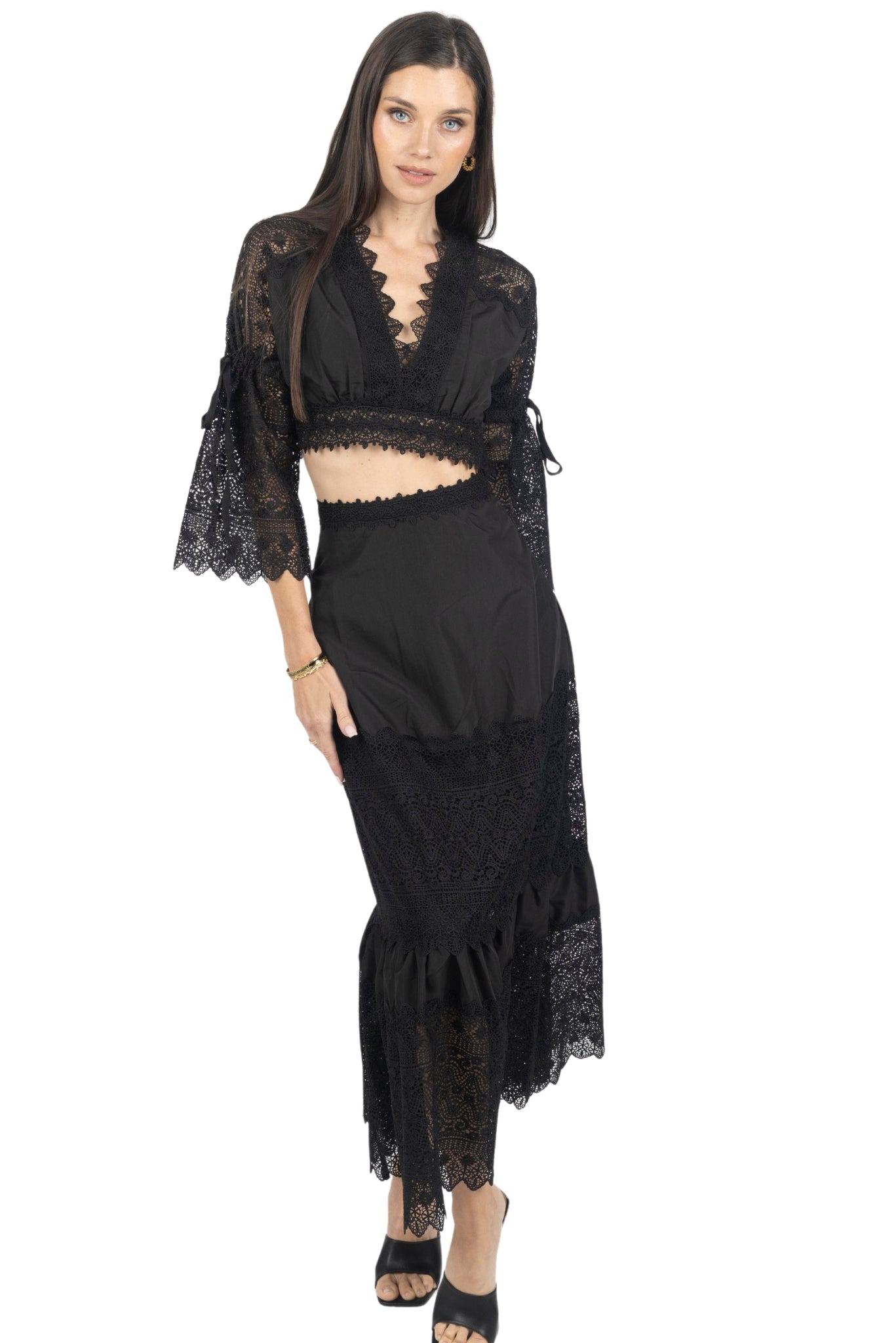 Emily Guipure Lace Top & Maxi Skirt Set In Black - Akalia