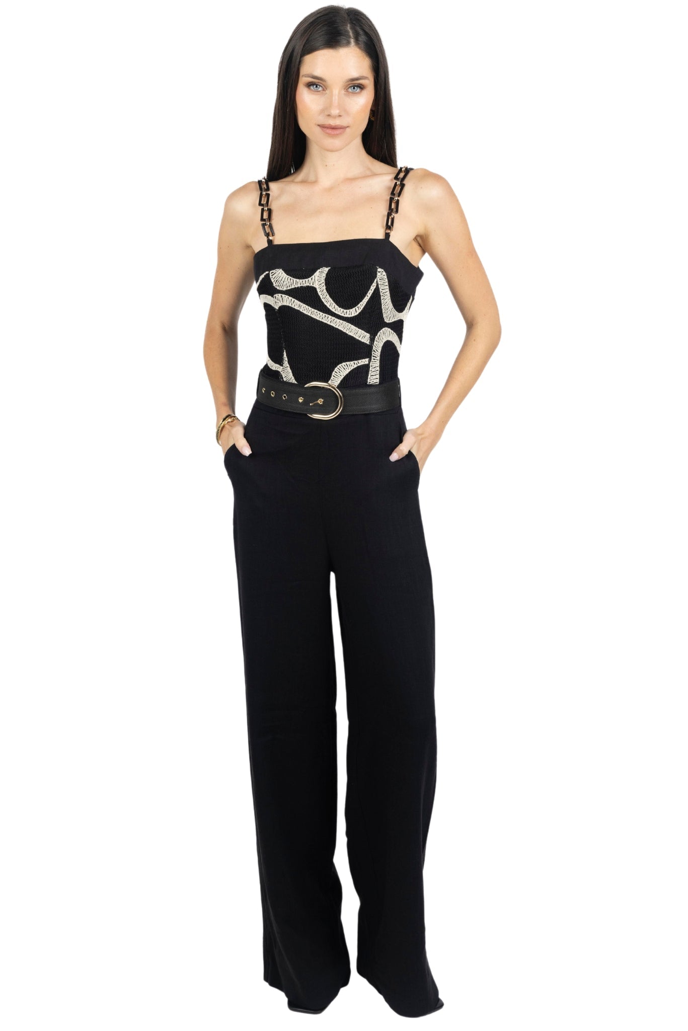 Rachel Printed Belted Linen Jumpsuit In Black - Akalia