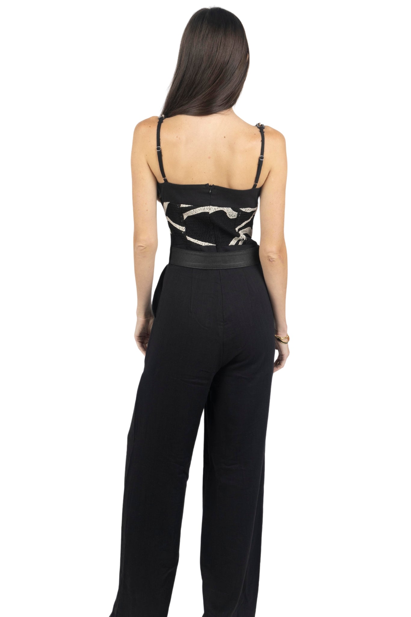 Rachel Printed Belted Linen Jumpsuit In Black - Akalia