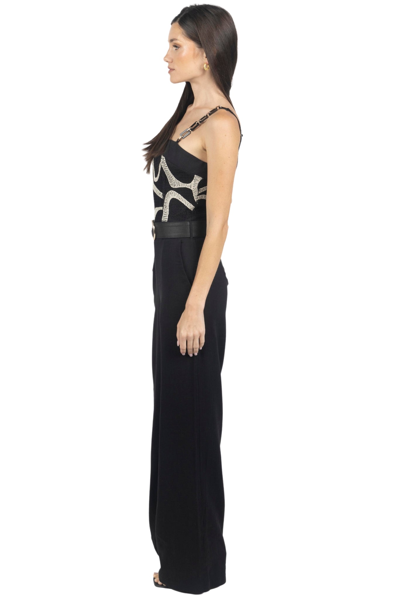 Rachel Printed Belted Linen Jumpsuit In Black - Akalia